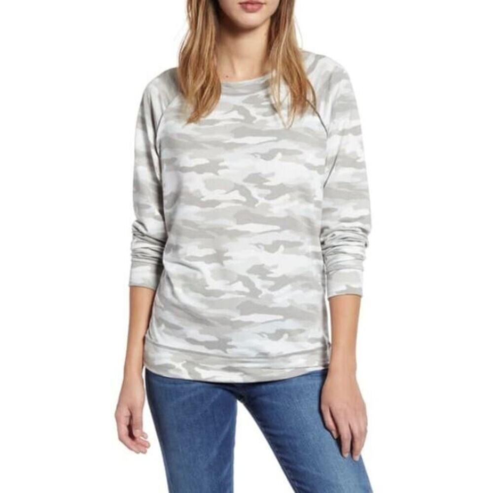 Caslon Womens Cozy Print Long Sleeve Top in Light Grey Camo Print Large MSRP $49